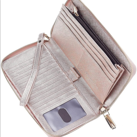 Unbranded Handbags - NEW Rose Gold Cross-grain Genuine Leather Full Zipper Wristlet Detachable Strap